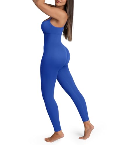 FeelinGirl Compression Jumpsuit Ribbed Fabric With Stretch One Piece Full Bodysuit for Curvy Women Blue XL/XXL