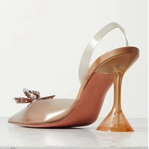 FYS Women Slip on Pointed Toe Slingback Crystal Pumps Special Clear High Heel Dress Sandals Rhinestones Bow Wedding Party Shoes Size 4-15 US4
