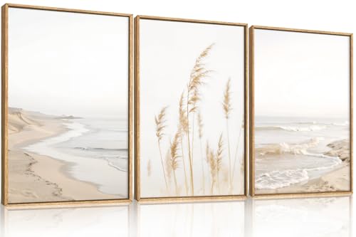 HPNIUB Modern Beach Waves Framed Wall Art Set,Seaside Reed Pathway