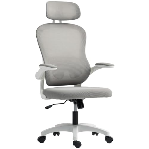 HOMCOM Chaise Bureau Ergonomique, Fauteuil de Bureau en Maille avec Accoudoirs Rabattables, Hauteur Réglable, Support Lombaire et Appui-Tête Réglables,...