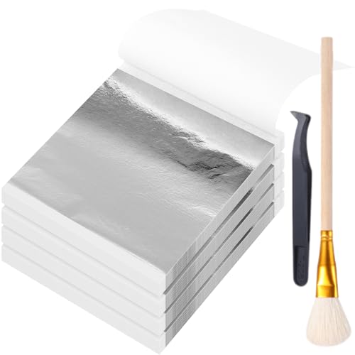 Maitys 400 Pcs Imitation Gold Leaf Sheet for Art Silver Foil Sheet Set with Brush and Nipper for Painting Gilding Picture Frame Sculpture DIY Craft Decoration Furniture 3.5 x 3.5 Inches(Silver)