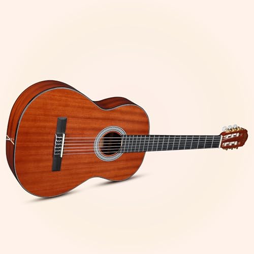 Image of WINZZ 4 /4 Classical Guitar, 39 Inch Full Size Nylon String Guitar for Beginner Adults, Full Classic Guitar Kit with Free Lessons, Gig Bag, Footstool, Capo, Tuner, Hanger and Strap (Glossy Brown)