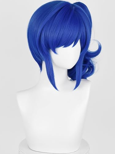 Image of Half and Half Dark Blue Curly Anime Ponytail Wig with Bangs for Women 14.5'' Deep Blue Aoi-Kiriya Cosplay Wigs Sapphire blue Hair Wig for Costumes Party Halloween