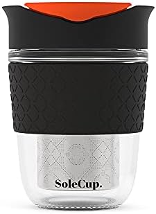 SoleCup Travel Mug Loose Tea Infuser - Detachable Tea Strainer with Spillproof Lid - BPA-Free Reusable Glass Travel Coffee Cup with Silicone Band (Black)