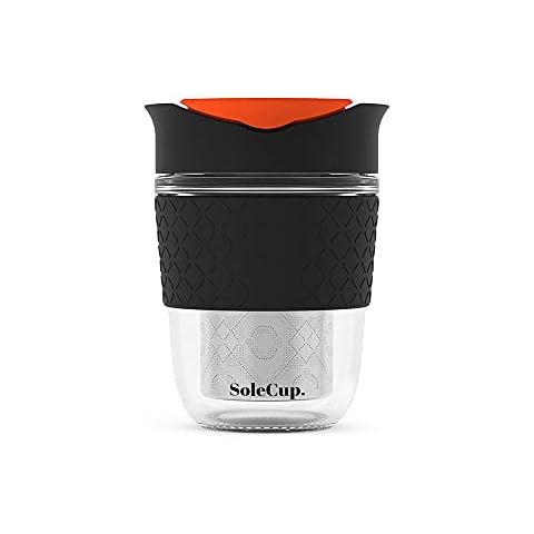 SoleCup Travel Mug Loose Tea Infuser - Detachable Tea Strainer with Spillproof Lid - BPA-Free Reusable Glass Travel Coffee Cup with Silicone Band (Black) Cover