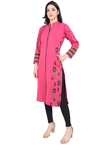 Image of Rosary Women's Winter Wear Jacquard Woolen Straight Kurti with 2 Side Pockets,RZ017HOTPINK-M
