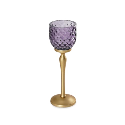 Image of Pure Home + Living Purple Diamond Cut Hurricane - Small Candle Holders for Home Decor with Glass Hurricane, Dining Table Decor, Candle Holder, Decorative Candle Stands for Home Decor