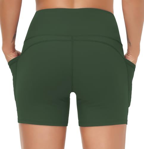 Image of THE GYM PEOPLE High Waist Yoga Shorts for Women's Tummy Control Fitness Athletic Workout Running Shorts with Deep Pockets