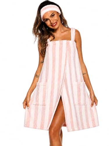 Image of Veseacky Women Bath Wrap Towel for Womens Shower with Pocket Adjustable Spa Robe & Facial Headband