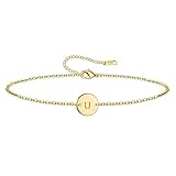 Ovian Initial Charm Bracelet for Women 18K Gold Plated stainless steel Coin Disc Engraved Letter U Bracelet Personalized Monogram Name Bracelet