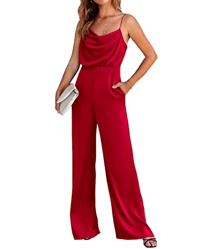 Prettygarden Women 2023 Sleeveless Spaghetti Strap Cowl Neck Backless Satin Jumpsuits Loose Wide Leg Romper With Pockets(Solid Red,Medium) #TOP11