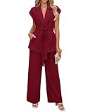 PRETTYGARDEN Matching Sets for Women Cap Sleeve Tie Waist Solid Color Long Blazer Vest Flowy Pant Sets Vacation Outfits(Solid Wine Red,Medium)