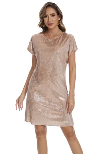 Image of Women's Crewneck Sequin Shift Dress Short Sleeve Casual Holiday Sparkly Party Dress