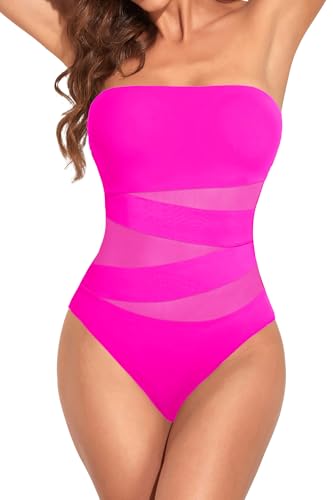 Image of Holipick Women Sexy One Piece Swimsuit Strapless Bathing Suits | Bandeau Neckline, Mesh Cutout Design, Push Up Removable Pads, High Cut, Removable Straps, Pool Beach Cruise Resort