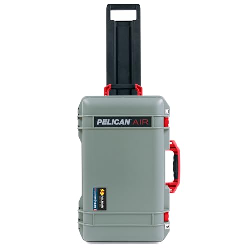 Pelican Air 1535 Carry-On Sage Green - Medium Size Waterproof Case - Empty with Red Handles, Latches & Trolley