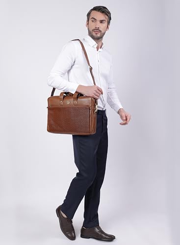 Image of STEVE JHONSON Leather Laptop Bags for Men - 16 Inches Office Bag with Shoulder Strap, Messenger Bag for Travel, Executive Side Handbag with Metallic Closure, Laptop Sling Bag (Tan)