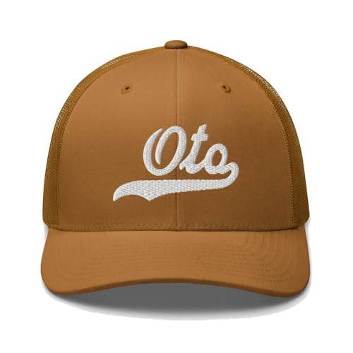 OTO Hat OTO Trucker Hat Baseball Script Embroidered Cap Vintage Sports Mesh Swoosh Gift Souvenir Headwear IA Caramel