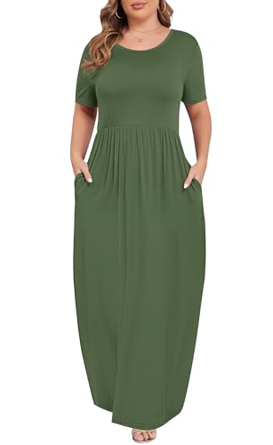 Image of KARALIN Women Plus Size Maxi Dress Short Sleeve Round Neck Loose Fit A-Line | Plus Size Long Dress,Summer Casual Maxi Dresses,Short Sleeve,Side Pockets,Round Neck,Elastic Waist,14 Plus - 26 Plus