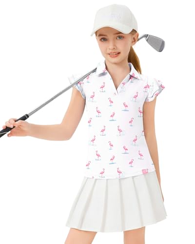 Image of Soneven Girls Ruffle Sleeve Polo Shirts V-Neck Golf Tennis T-Shirts Uniform Shirts Quick Dry for 4-14 Years