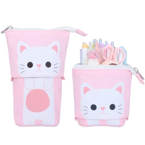 EDATOFLY Telescopic Pencil Case, Cute Standing Retractable Pen Pouch, Small Pencil Stand Up Pouch for Girls Boys Kids (White Cat)