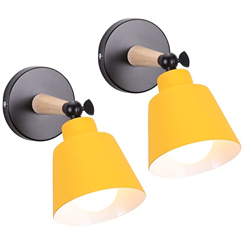 TOKIUS 2 Piezas Aplique de Pared Moderno, Lámparas de Pared para Dormitorio E27 Iluminación Interior Luz de Pared en Madera y Metal Ajustable Lámparas para Salón Pasillo (Amarillo, sin Interruptor)