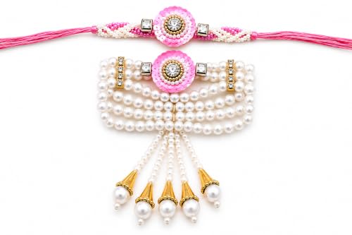 Image of Bhaiya Bhabhi Rakhi Set with Pearl Bracelet | Designer Rakhi for Brother & Bhabhi | Traditional Raksha Bandhan
