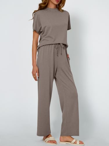 AUTOMET Women's Mock Neck 2 Piece Lounge Set Matching Summer Loose Fit Wide Leg Pants Set3