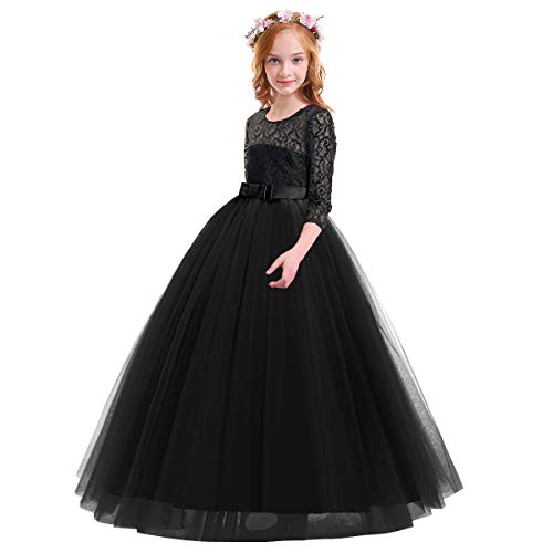 Ibtom Castle Girls Embroidery Tulle Lace Bridesmaid Dress Long A Line Wedding Pageant Dresses Birthday Party Formal Dance Evening Gown Black 7-8 Years thumb #2