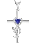 JIWOY Collar de cruz de mariposa de plata de ley 925, colgante de crucifijo de corazón, piedra natal, joyería religiosa para mujer, Metal, Zafiro