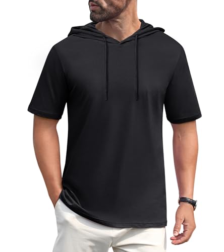 EKLENTSON Mens Short Sleeve Hoodies Workout Muscle Gym Hooded T-Shirts Cotton Athletic Lightweight Sweatshirt Pullover