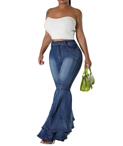 Sexyshine Women's Bell Bottom Jeans High Waist Ruffle Flared Tiered Denim Pants Retro 70s Wide Leg Long Pants2