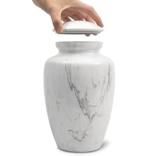 Image of White Marble Finish Urn for Ashes Adult Male Female | Large Cremation Urn for Human Ashes Men and Women,Memorial Urn for Dad /Father /Grandpa /Brother(Includes Velvet Bag)