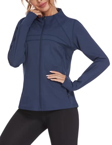 COOrun Chaqueta deportiva para mujer con cuello alto y cremallera, azul marino, S Cover