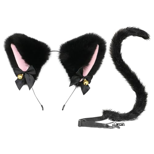 TSHAOUN 2 Pieces Fox Costume Included Black Fox Ears Headband Faux Fox Tail Animal Costume for Kids Girls Fancy Dress Up Fox Cosplay Cat Ears Tail Costume Children Adult Halloween Stage Show (Fox)