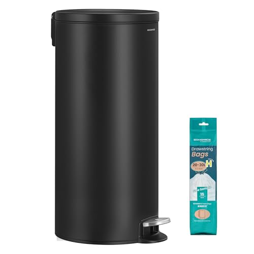 SONGMICS Poubelle 30 L, Rond, avec 15 Sacs Poubelles, Pédales en Métal, Seau Amovible en Plastique, Poignée, Couvercle à Fermeture en Douceur, en Acier, Noir d'Encre...
