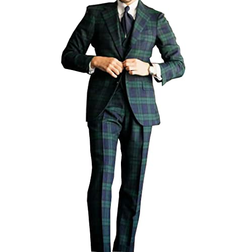 Men Green Plaid Blazer Vintage Checkered Slim Fit Prom Tuxedo Grooms Wedding Fashion 3 Pieces Suit Jacket Pants Vest