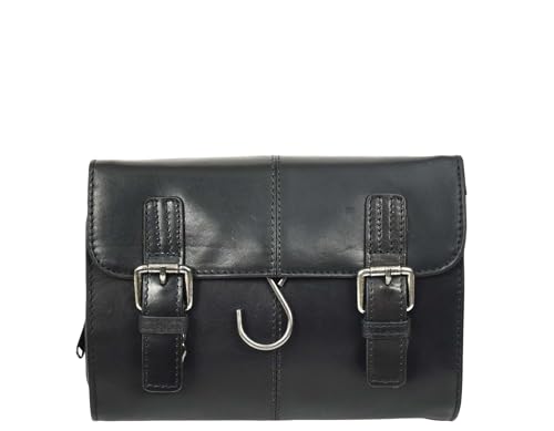 Real Leather Hanging Toiletry Wash Bag for Mens Travel Shaving Kit Pouch Cruise, Black, Small, Wash Bag