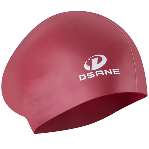 Dsane Womens Silicone Swim Cap for Long Hair,3D Ergonomic Design Silicone Swimming Caps for Women Kids Men Adults Boys Girls with Ear Plug and Nose Clip(Maroon/L)