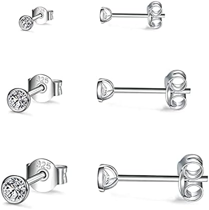 Gulicx 3 Pairs 925 Silver Stud Earrings Set for Women Girls, Hypoallergenic Stering Silver Tiny Round Cubic Zirconia Simulated Diamond Stud Earrings,Small Sleeper Cartilage Studs, Size: 2, 3, 4mm