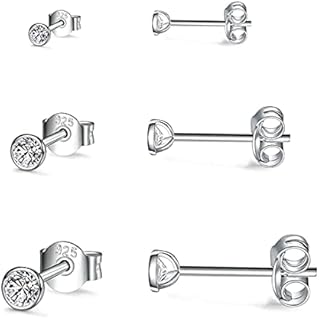 Gulicx 3 Pairs 925 Silver Stud Earrings Set for Women Girls, Hypoallergenic Stering Silver Tiny Round Cubic Zirconia Simulated Diamond Stud Earrings,Small Sleeper Cartilage Studs, Size: 2, 3, 4mm