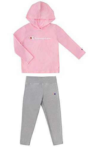 Champion Little Girls Legging Sets with Fleece and Jersey Hooded Tops Toddler and Little Girls Kids Clothes (Pink Candy/Oxford Heather Jersey Top, 5)