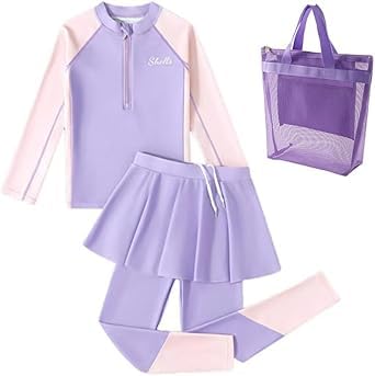 CasRmia Girls Long Sleeve Swimsuit UPF 50+ Modest Muslim Swimwear and mesh beach storage bag UV Protection Swimwear SetSummer Beach (UAE/KSA Age 5 Years 7 Years Regular Purple)