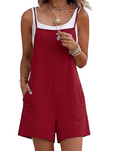 Nfsion Overalls for Womens Casual Summer Adjustable Straps Baggy Wide Leg Short Jumpsuits Rompers with Pockets X-Large Wine red