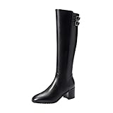 TinaCus Genuine Leather Women's Mid Block Heel Handmade Round Toe Side Zip Up Knee High Boots with...
