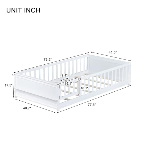 Image of Bellemave Twin Size Kids Montessori Floor Bed with Door,Twin Floor Bed Frame with Slats and Bookcase,Solid Wood Montessori Bed for Girls Boys,White