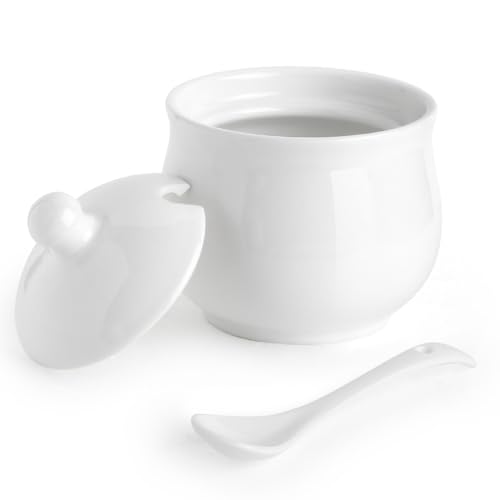 Swetwiny Ceramic Sugar Bowl with Lid and Spoon Porcelain Salt Storage Jar White Seasoning Container for Home and Kitchen 7 Ounces (White)