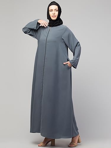 Image of Mallika Women Modest Wear Nida Matt Front Open Zipper Abaya Burkha for Everyday use (Grey, XS)