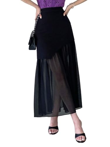 Solid Color Mesh Maxi Skirt Year-Round Ruffle Basic Women's Summer Casual Vinage Skirt4