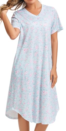 Image of Kabento Nightgowns for Women Cotton Short Sleeve Long Night Gowns with Pockets