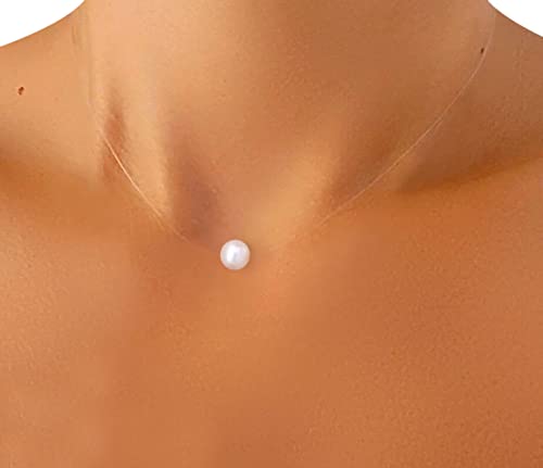 Collier invisible Perle Blanche Nacrée - Argent 925 - Fil de nylon/pêche transparent clavicule ras de cou